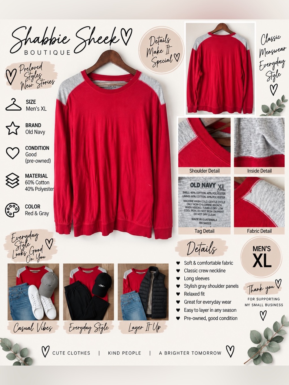 Old Navy Men’s XL Red & Gray Colorblock Long Sleeve Shirt